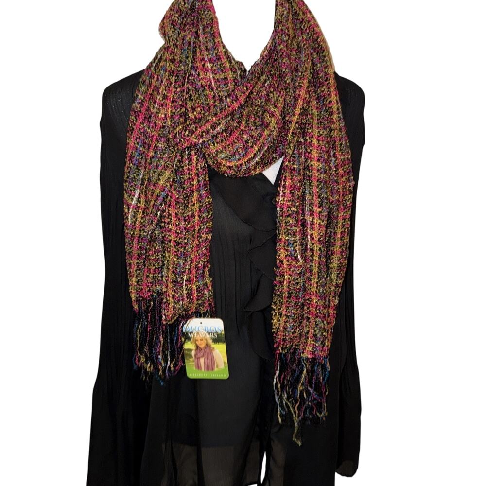 Mucros Weavers multicolor, handwoven-style scarf with fringe. 14” x 73”